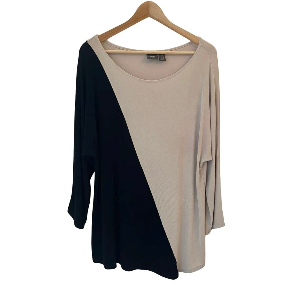 Chicos Travelers Asymmetric Slinky Stretch Knit Top 3 XL Colorblock 3/4 Sleeves